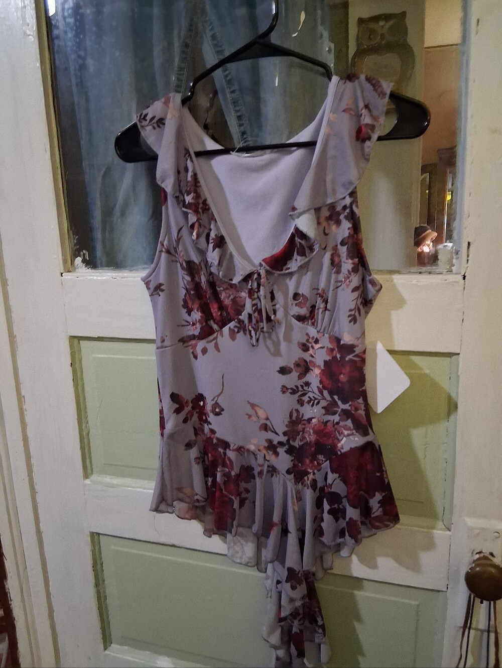 Rebellious One Lavender Ruffle-Trim Floral Camisole with Burgundy Print